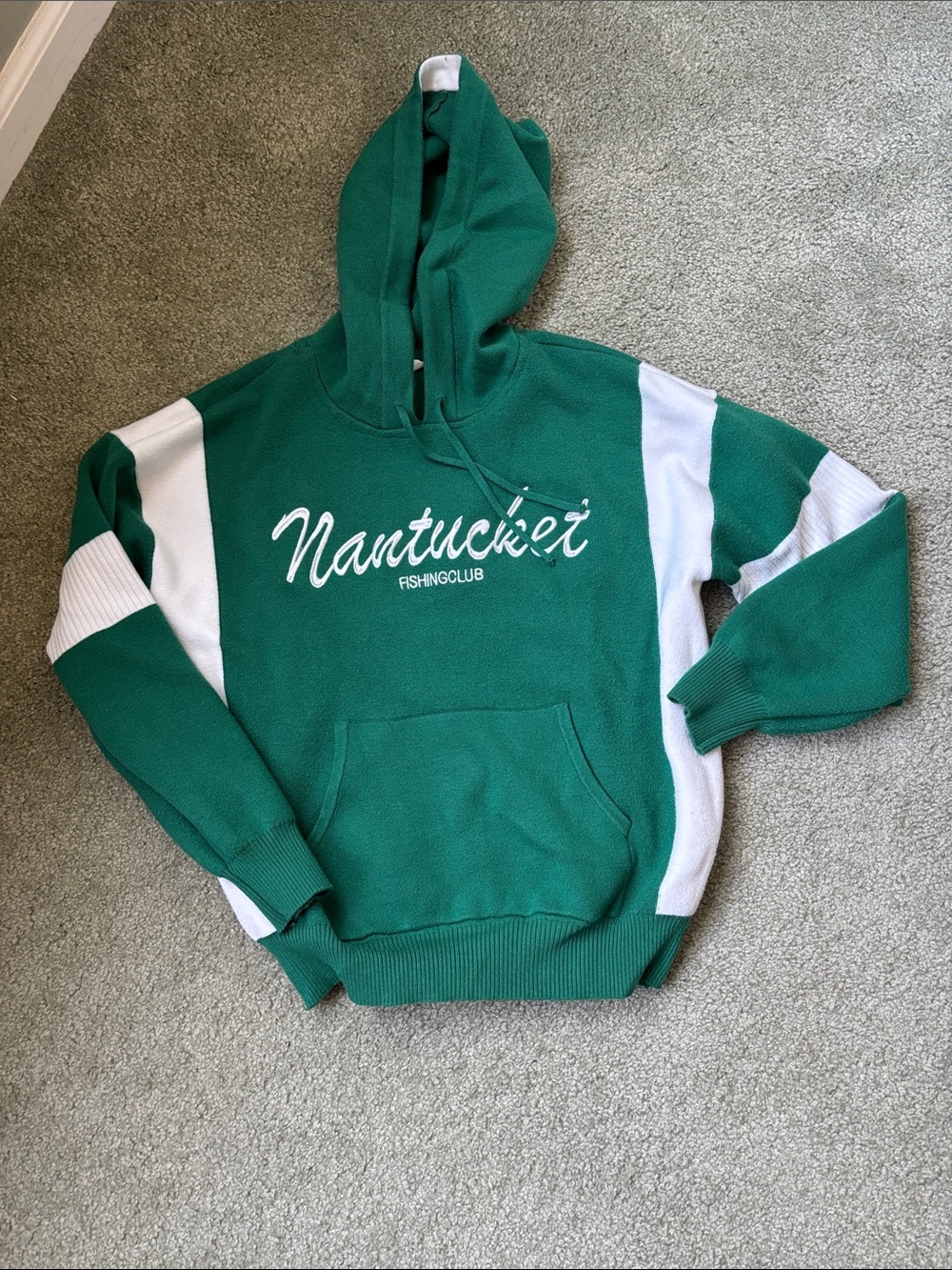 Anthropologie Green and White Nantucket Hooded Pullover